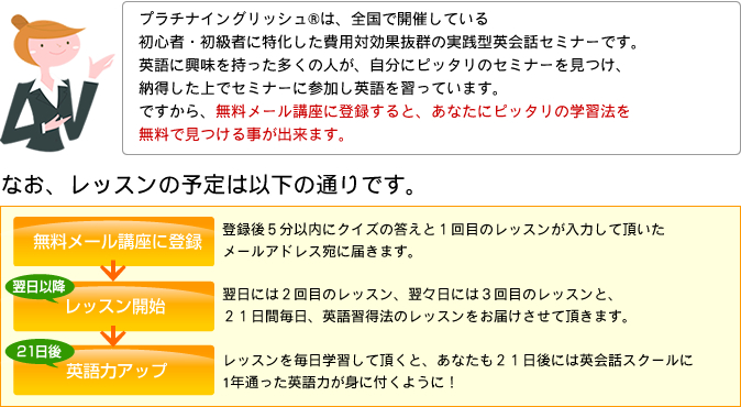 プラチナイングリッシュRは、全国で開催している初心者・初級者に特化した費用対効果抜群の実践型英会話セミナーです。英語に興味を持った多くの人が、自分にピッタリのセミナーを見つけ、納得した上でセミナーに参加し英語を習っています。ですから、無料メール講座に登録すると、あなたにピッタリの学習法を無料で見つける事が出来ます。