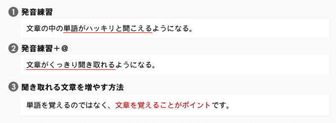 1) 発音練習 2) 発音練習＋＠ 3) 聞き取れる文章を増やす方法